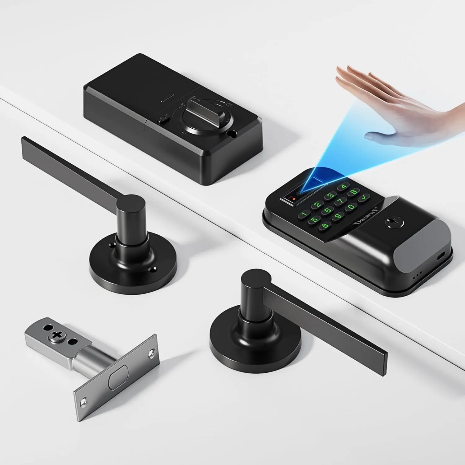 Palm Recognition Door Lock with 2 Lever Handles,Keyless Entry Smart Deadbolt,Electronic Keypad Lock with Auto Lock,Bluetooth,APP Control,Digital Code,Password,Front Door Handle Set,Easy Installation