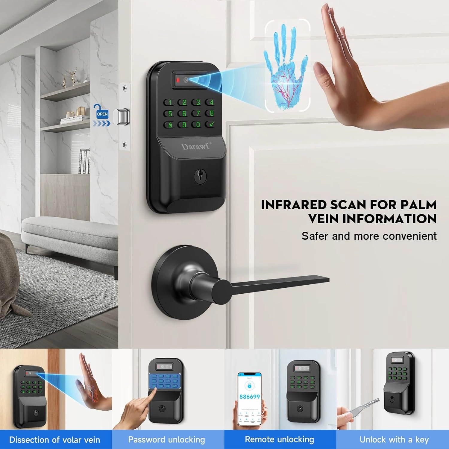 Palm Recognition Smart Deadbolt and Door knob Set,Keyless Entry Front Door Lock,Electronic Auto Lock,Bluetooth,Keypad,APP Control,biometric,Digital Code,Password,Key,Easy Installation,Waterproof