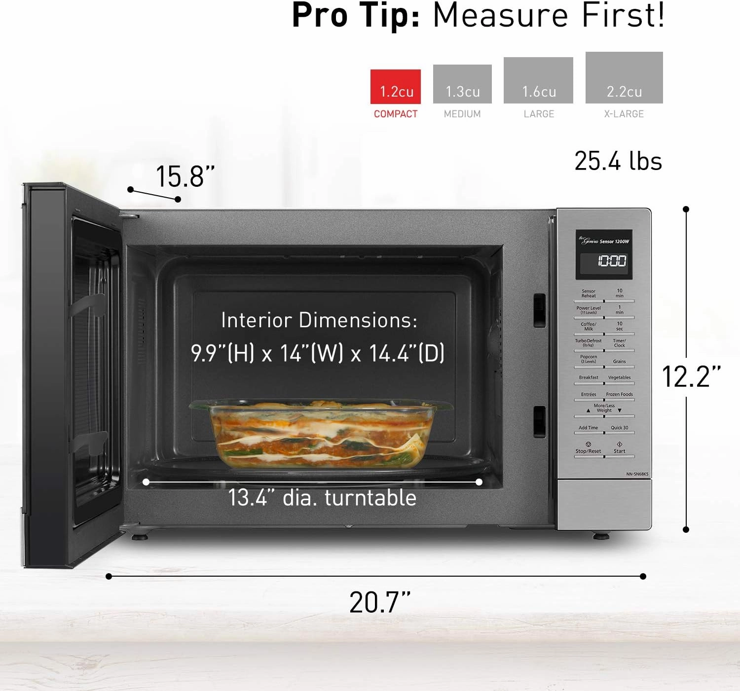 Panasonic NN-SN68KS Compact Microwave Oven with 1200W Power, Sensor Cooking, Popcorn Button, Quick 30Sec & Turbo Defrost, 1.2 cu.ft, Stainless Steel