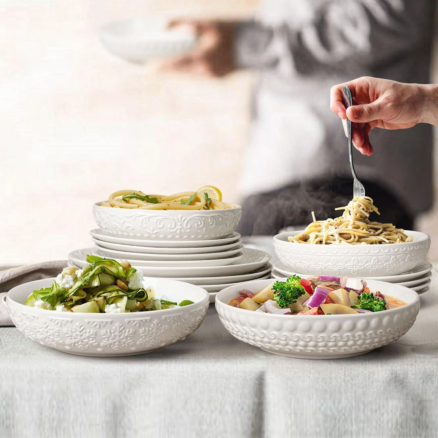 Pasta Bowls, 32oz Salad Bowls Set of 4, White Ceramic Soup Bowls 8 Inch Embossment Large Serving Bowl Wide and Shallow Bowls for Kitchen, Microwave & Dishwasher Safe (Cross Floral)