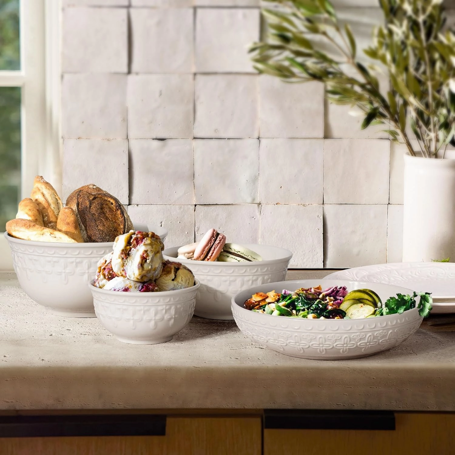 Pasta Bowls, 32oz Salad Bowls Set of 4, White Ceramic Soup Bowls 8 Inch Embossment Large Serving Bowl Wide and Shallow Bowls for Kitchen, Microwave & Dishwasher Safe (Cross Floral)
