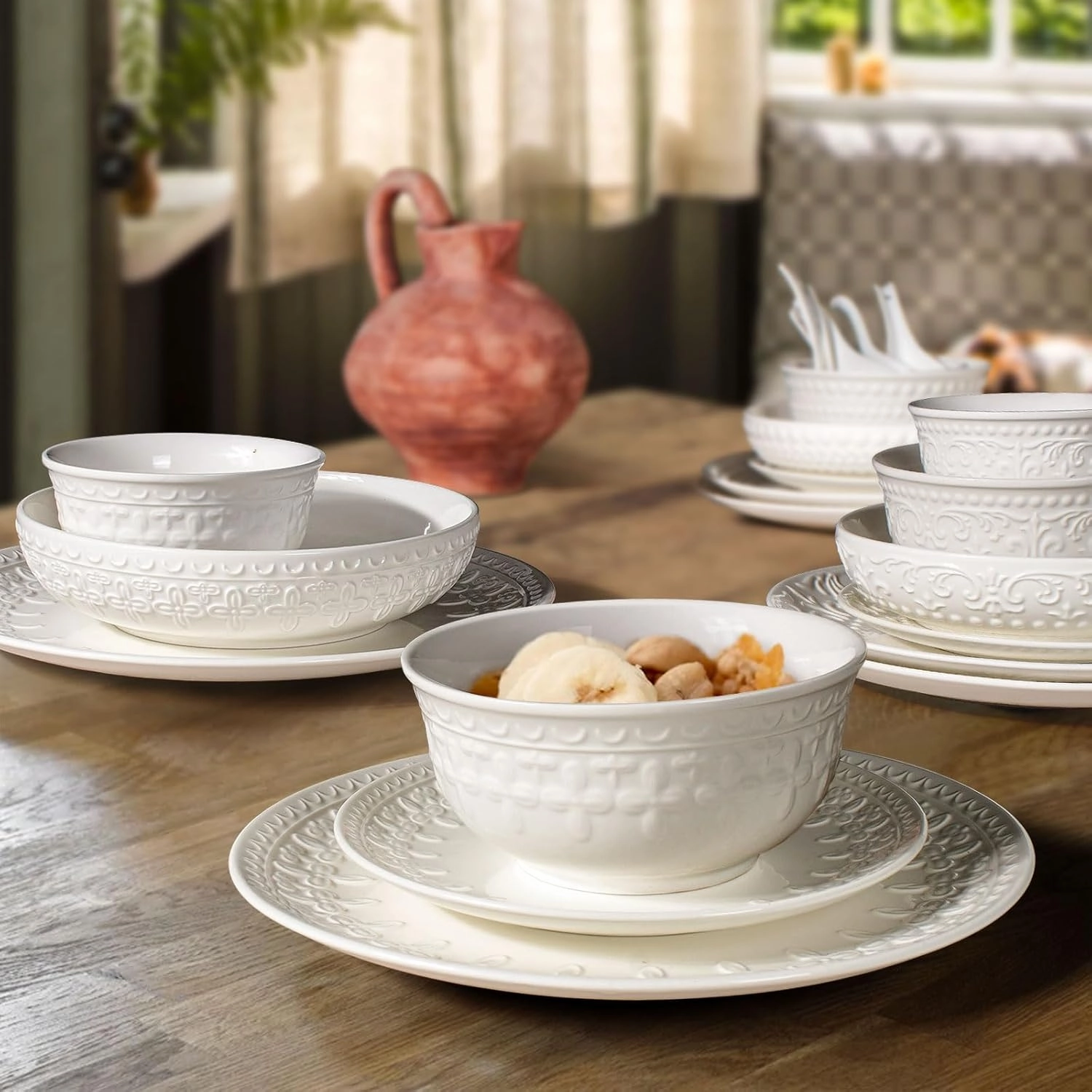 Pasta Bowls, 32oz Salad Bowls Set of 4, White Ceramic Soup Bowls 8 Inch Embossment Large Serving Bowl Wide and Shallow Bowls for Kitchen, Microwave & Dishwasher Safe (Cross Floral)