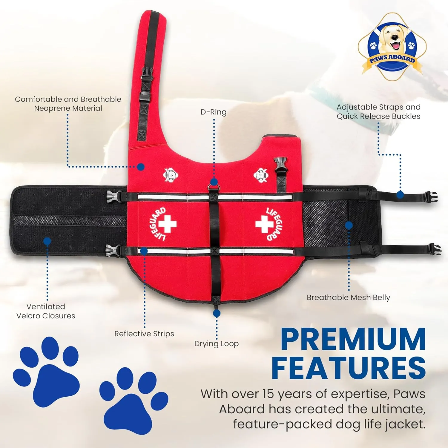Paws Aboard Dog Life Jacket - Keep Your Canine Safe with a Neoprene Life Vest for Swimming and Boating - Available in Different Sizes, Color and Design to Choose - Red, Large