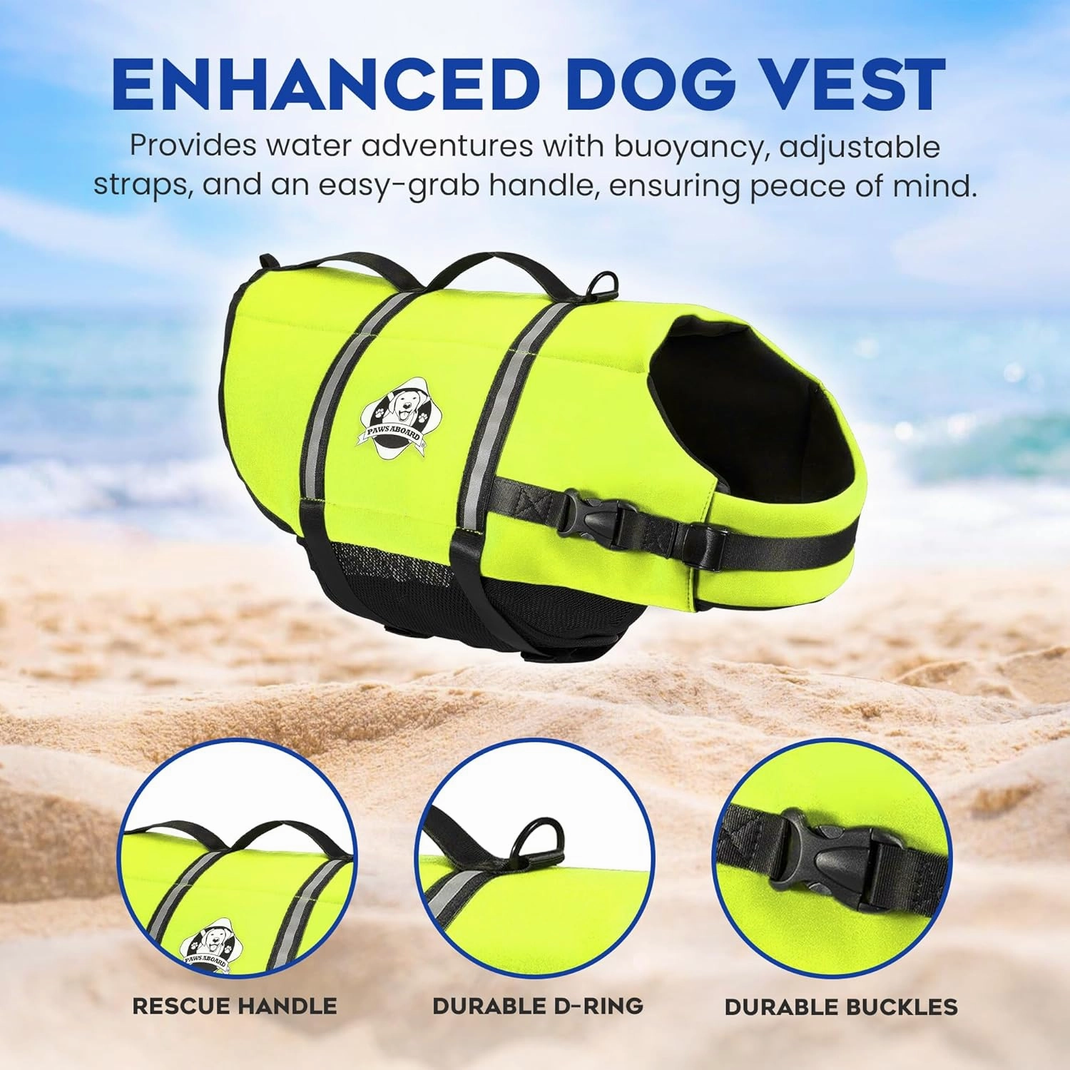 Paws Aboard Dog Life Jacket - Keep Your Canine Safe with a Neoprene Life Vest for Swimming and Boating - Available in Different Sizes, Color and Design to Choose - Neon Yellow, Large
