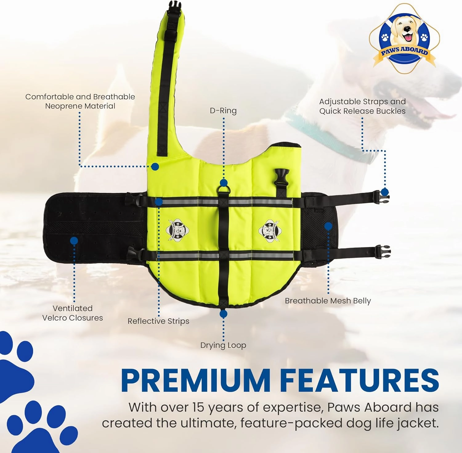 Paws Aboard Dog Life Jacket - Keep Your Canine Safe with a Neoprene Life Vest for Swimming and Boating - Available in Different Sizes, Color and Design to Choose - Neon Yellow, Large