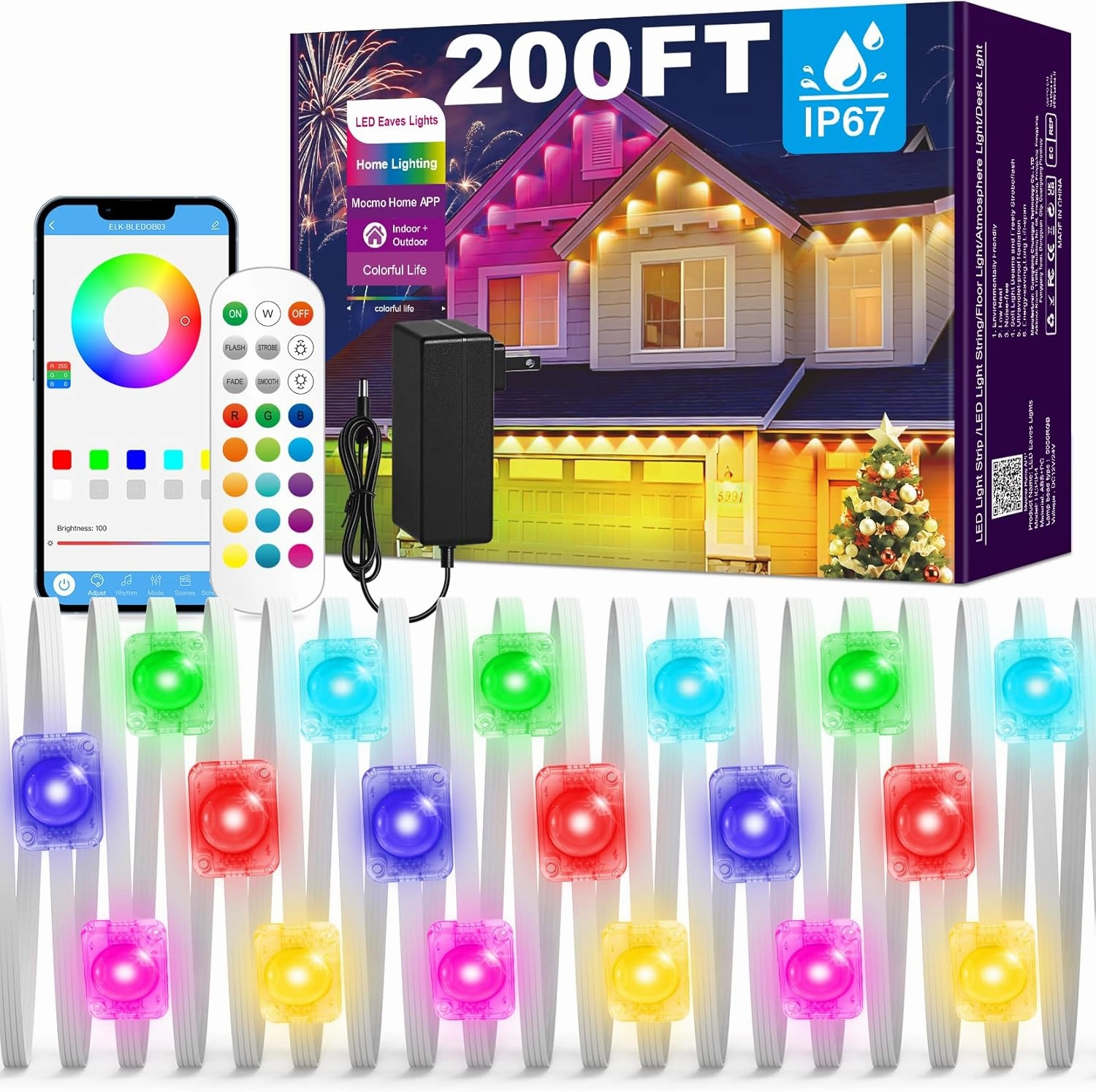 Permanent Outdoor Lights,200ft RGB Eaves Lights with App & Remote Control, Outdoor String LED IP67 Waterproof for Christmas, Halloween, New Year, Holidays Roof Eaves House Garden Decor