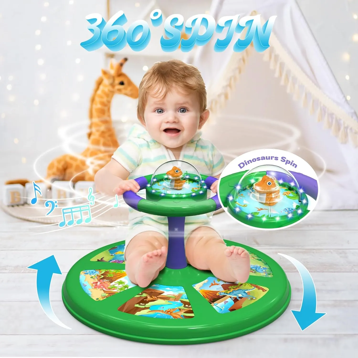 PERRYHOME Dinosaur Twist Sit and Spin Toys for Toddlers 18  Months, 360° Spin Dino Twister Twist with 4 Game Modes LED Light and Built-in BGM, Christmas & Birthday Gift Ideas for Kids Girls 18  Months