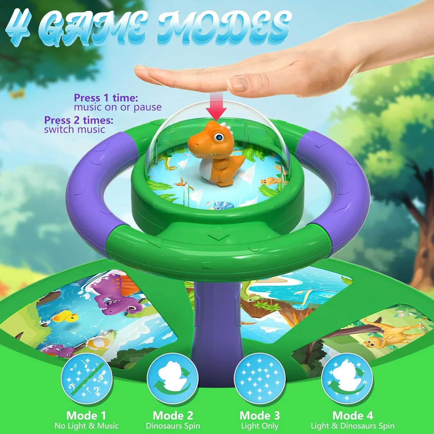 PERRYHOME Dinosaur Twist Sit and Spin Toys for Toddlers 18  Months, 360° Spin Dino Twister Twist with 4 Game Modes LED Light and Built-in BGM, Christmas & Birthday Gift Ideas for Kids Girls 18  Months