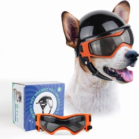 PETLESO Dog Goggles for Small Dogs with Helmet, Pet Sunglasses and Motorcycle Helmet Set for Small Medium Dog Outdoor Driving Walking, Orange