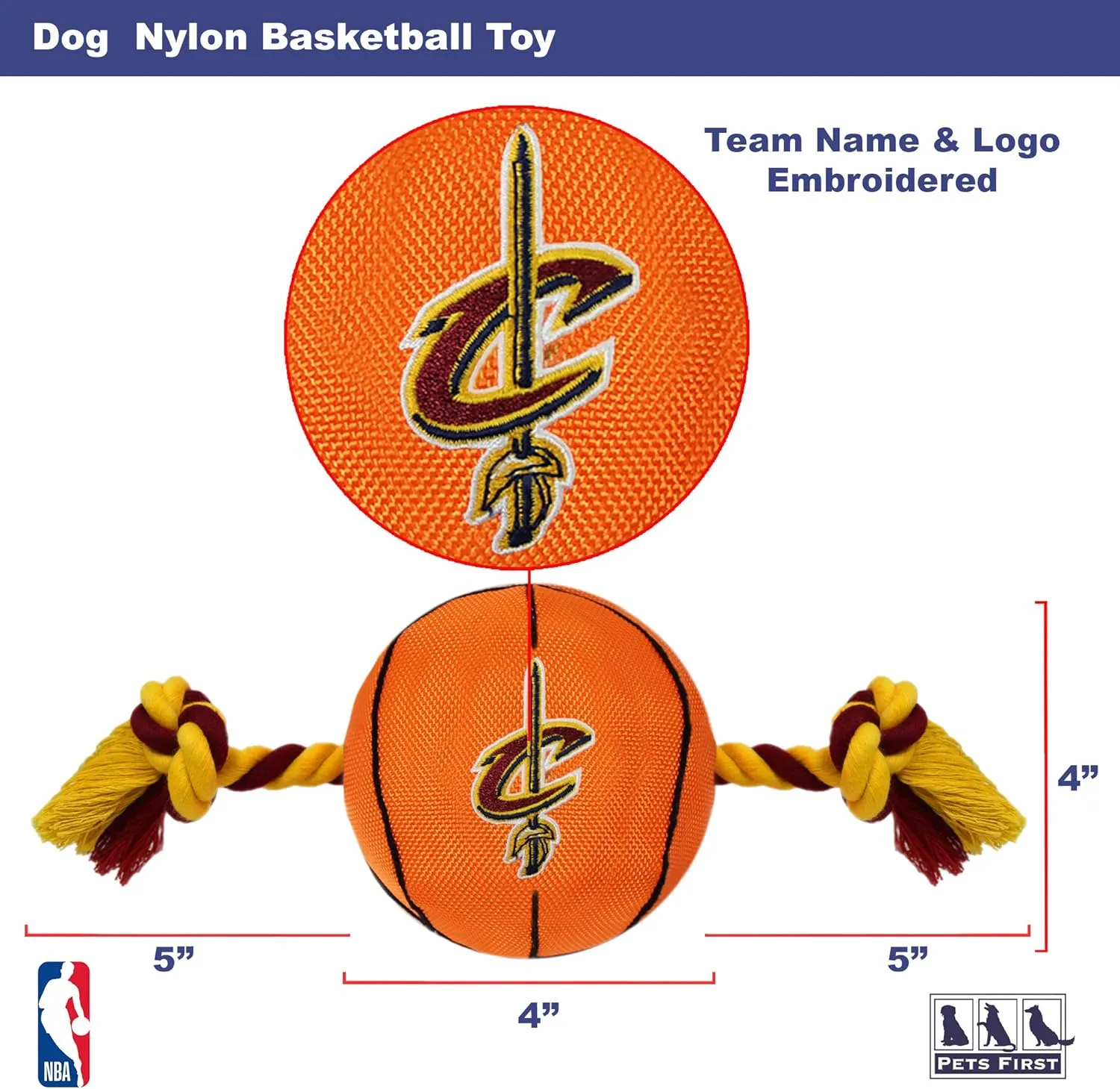 Pets First NBA Cleveland Cavaliers Basketball Toy. - Tough Nylon Pet Toy with Tug Ropes & Inner Squeaker, One Size, CAV-3105