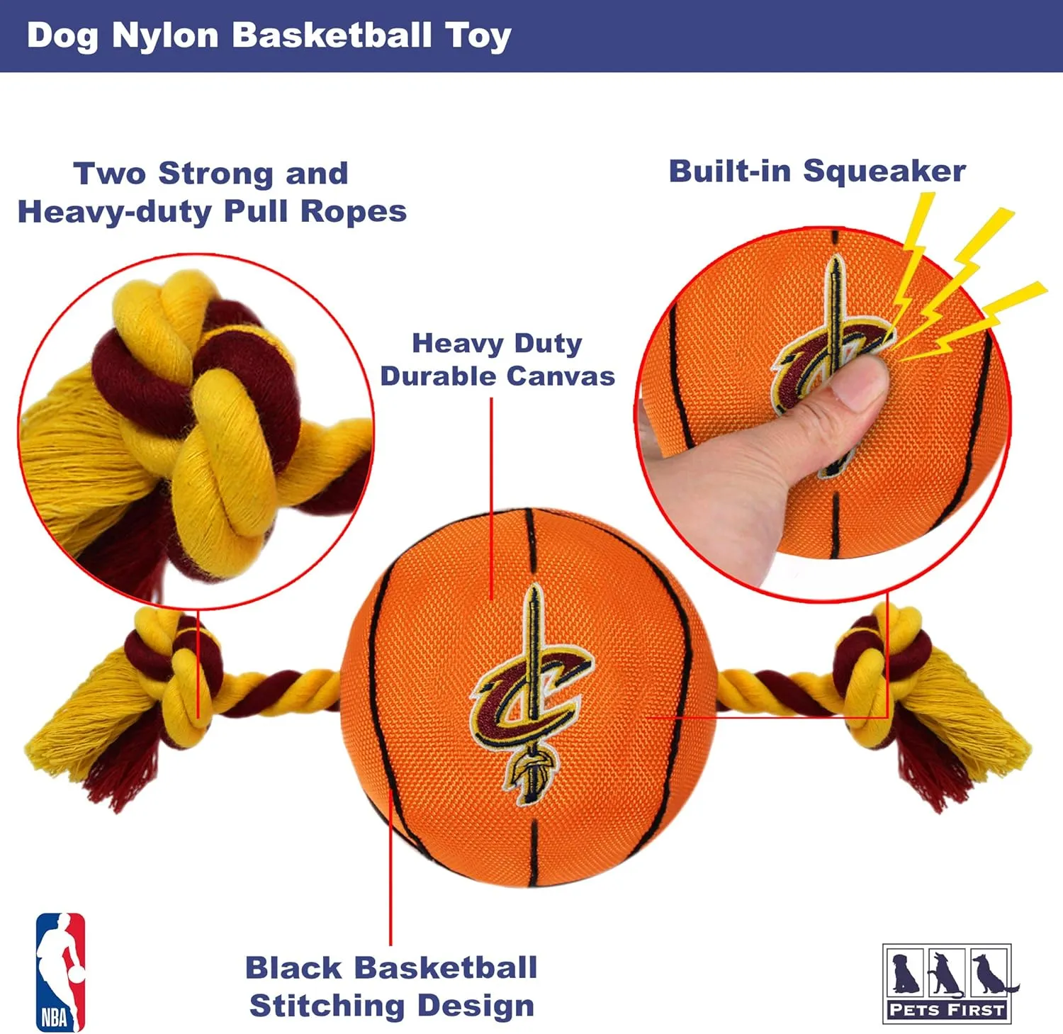 Pets First NBA Cleveland Cavaliers Basketball Toy. - Tough Nylon Pet Toy with Tug Ropes & Inner Squeaker, One Size, CAV-3105