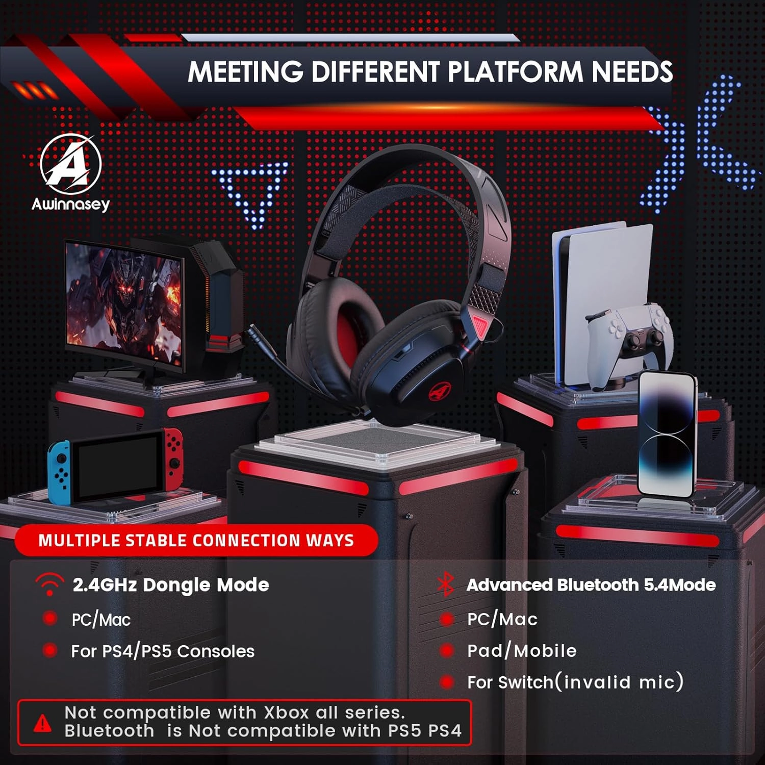 PH3 Wireless Gaming Headset for PS5, PS4, Switch, PC, Mac, Wireless Gaming Headphones with Microphone, Low Latency 2.4GHz Bluetooth Over Ear Headphones with Lossless Audio, 50Hrs Battery, Black