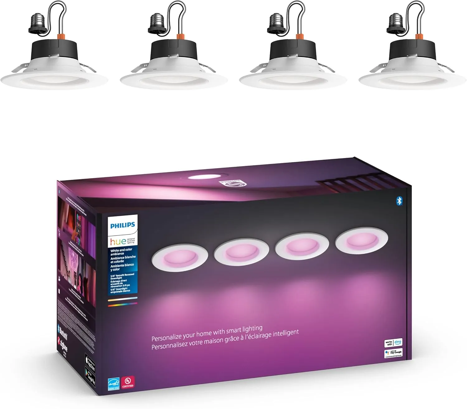 Philips Hue White and Color Ambiance Extra Bright Dimmable Recessed LED Smart 6" Downlight for Retrofit Cans (4 Pack) Wall Tap Dial Light Switch