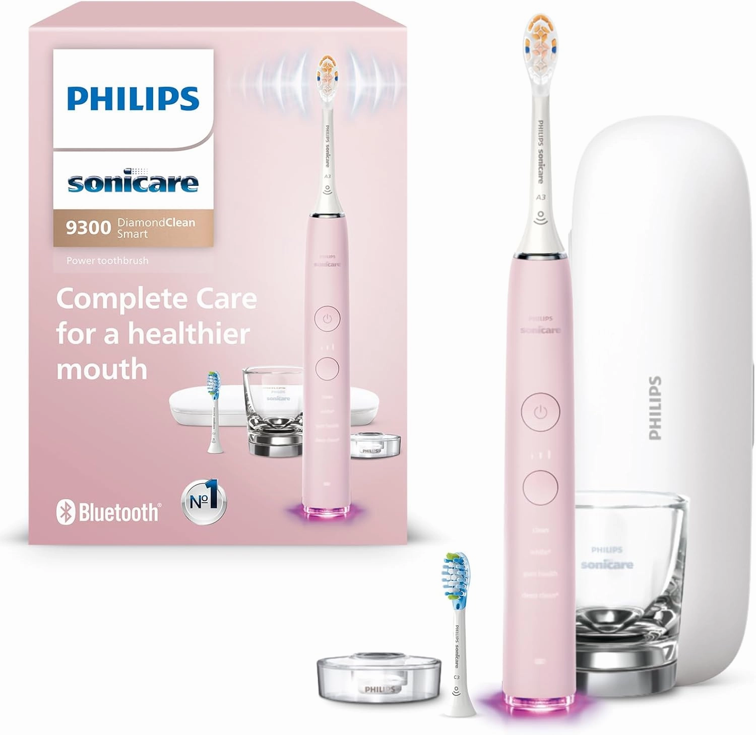 Philips Sonicare DiamondClean Smart 9300 Electric Toothbrush, Sonic Toothbrush with App, Pressure Sensor, Brush Head Detection, 4 Brushing Modes and 3 Intensity Levels, Pink, Model HX9903/25