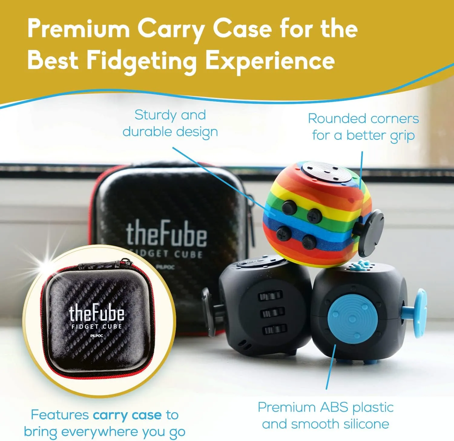 PILPOC theFube Fidget Cube - 6 Sided Toy for Adults and Kids - Stress Relief & Focus - Audible/Silent With Carry Case (Navy Shadow)