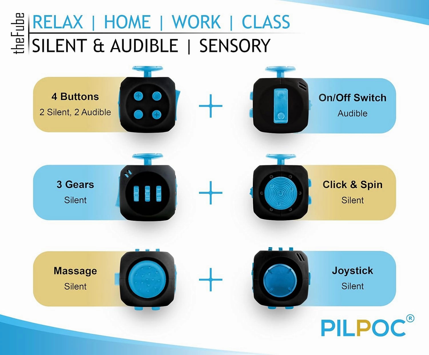 PILPOC theFube Fidget Cube, 6-Sided Stress Relief & Focus Toy for Adults & Kids, Boosts Concentration, Mindfulness Aid, Silent & Audible Modes, Includes Carry Case for Portability (Midnight)
