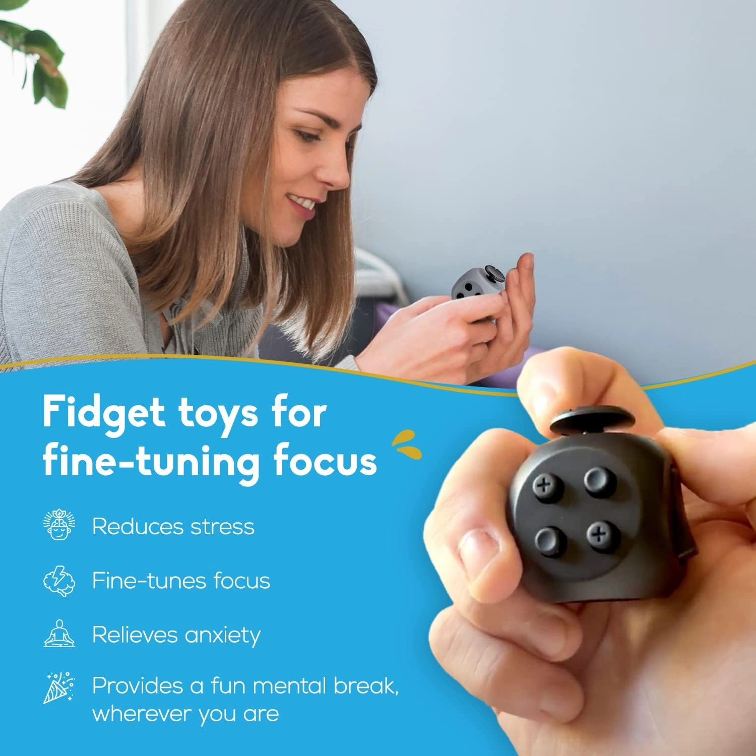 PILPOC theFube Fidget Cube, 6-Sided Stress Relief & Focus Toy for Adults & Kids, Boosts Concentration, Mindfulness Aid, Silent & Audible Modes, Includes Carry Case for Portability (Midnight)