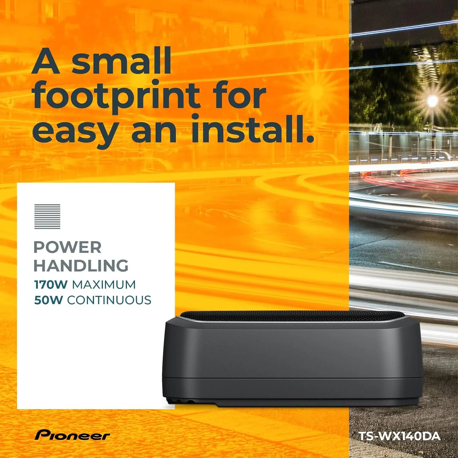 Pioneer TS-WX140DA 8” x 5-1/4” Compact Active Subwoofer with Built in Amplifier, 170 Watts Max Power, EV Optimized Sub, 3 Listening Modes - Deep, Dynamic and Natural for Enhanced Car Audio