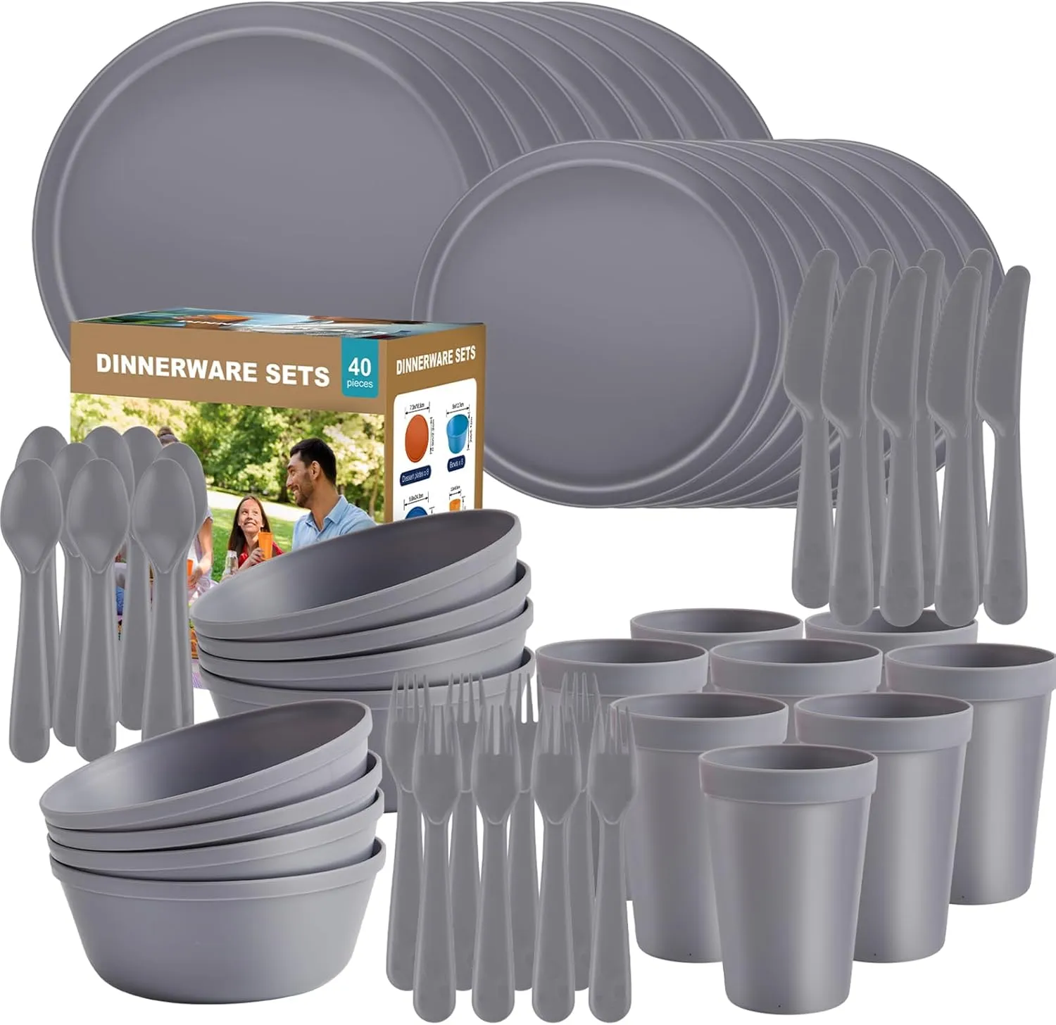 Plastic Dinnerware Sets – 40-Piece Gray Plates and Bowls Sets, Unbreakable, Reusable Dishes Set for 8 with Cups, Knives, Forks and Spoons, for Camping and Outdoor Use