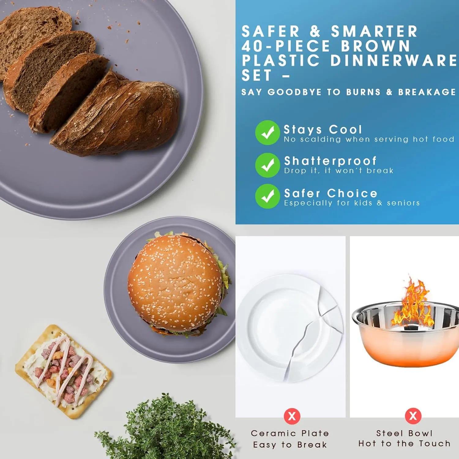 Plastic Dinnerware Sets – 40-Piece Gray Plates and Bowls Sets, Unbreakable, Reusable Dishes Set for 8 with Cups, Knives, Forks and Spoons, for Camping and Outdoor Use