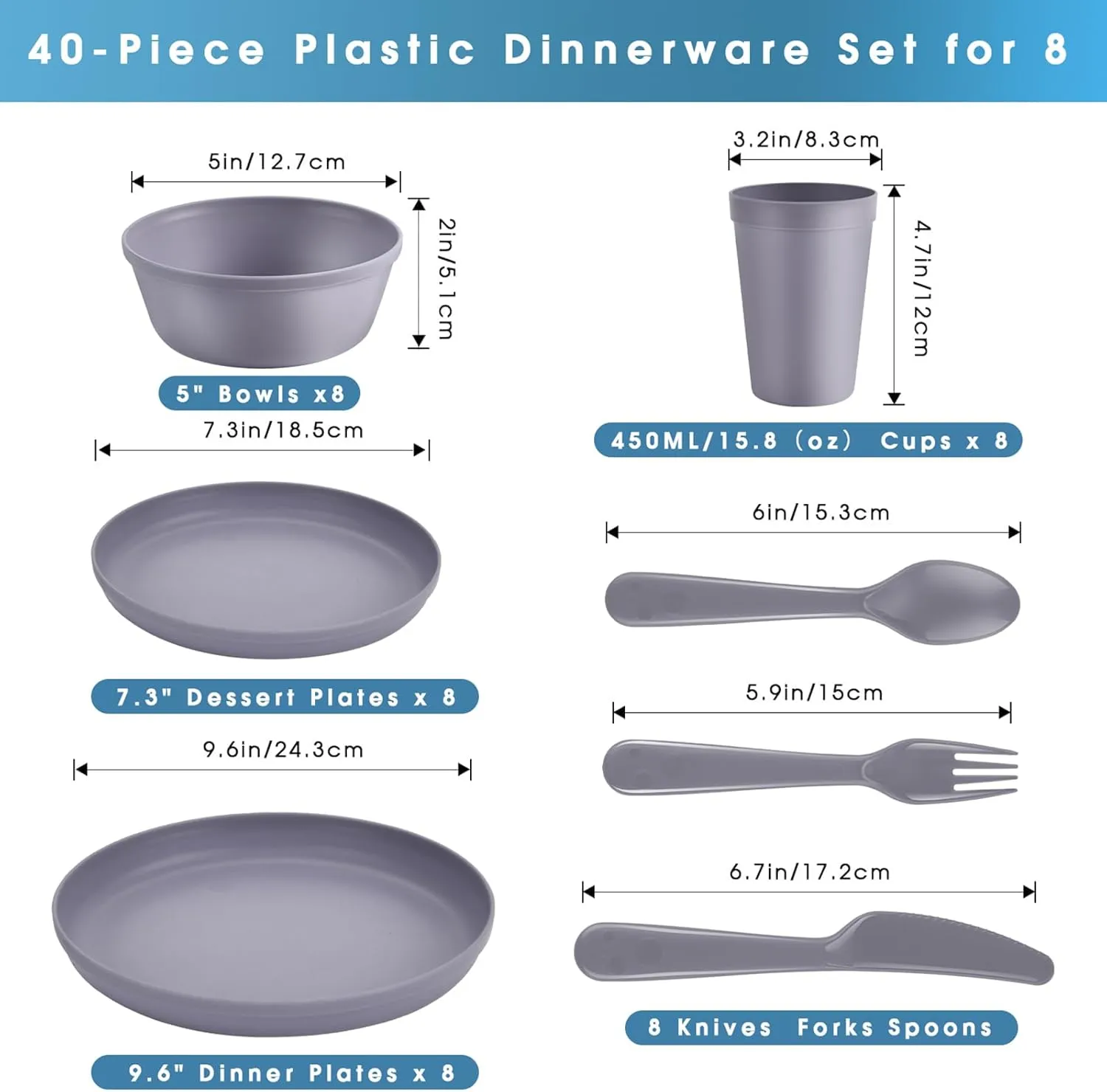 Plastic Dinnerware Sets – 40-Piece Gray Plates and Bowls Sets, Unbreakable, Reusable Dishes Set for 8 with Cups, Knives, Forks and Spoons, for Camping and Outdoor Use