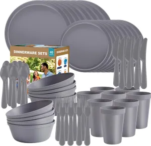 Plastic Dinnerware Sets – 40-Piece Gray Plates and Bowls Sets, Unbreakable, Reusable Dishes Set for 8 with Cups, Knives, Forks and Spoons, for Camping and Outdoor Use