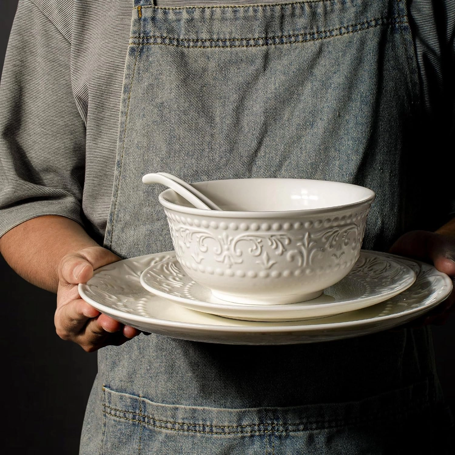 Plates and Bowls Sets - 16 Pieces Ceramic Dinnerware Sets for 4, Embossed White Dish Set Porcelain Kitchen Dishware Sets Dishwasher & Microwave Safe (Brocade Flower)