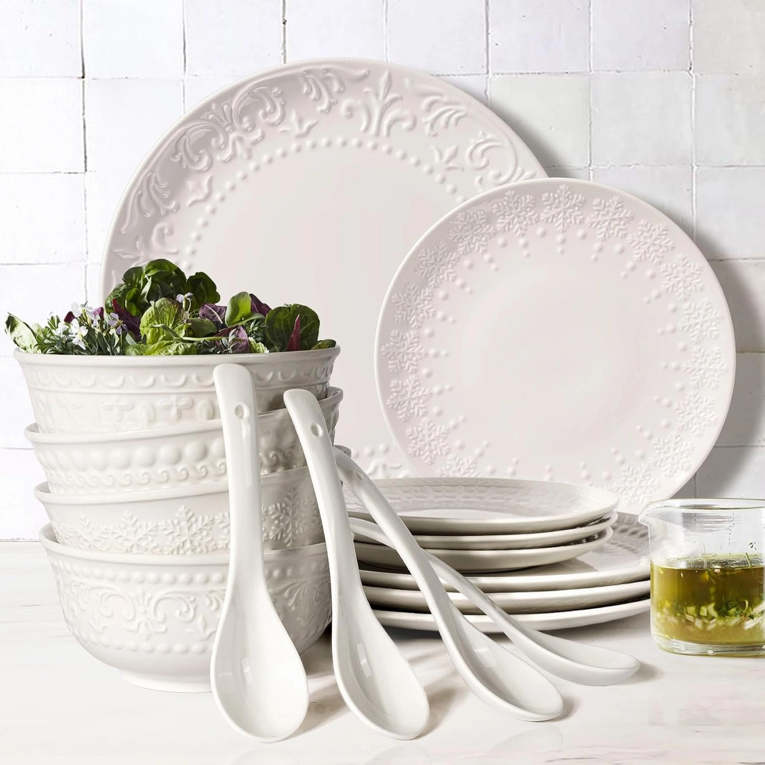 Plates and Bowls Sets - 16 Pieces Ceramic Dinnerware Sets for 4, Embossed White Dish Set Porcelain Kitchen Dishware Sets Dishwasher & Microwave Safe (Brocade Flower)