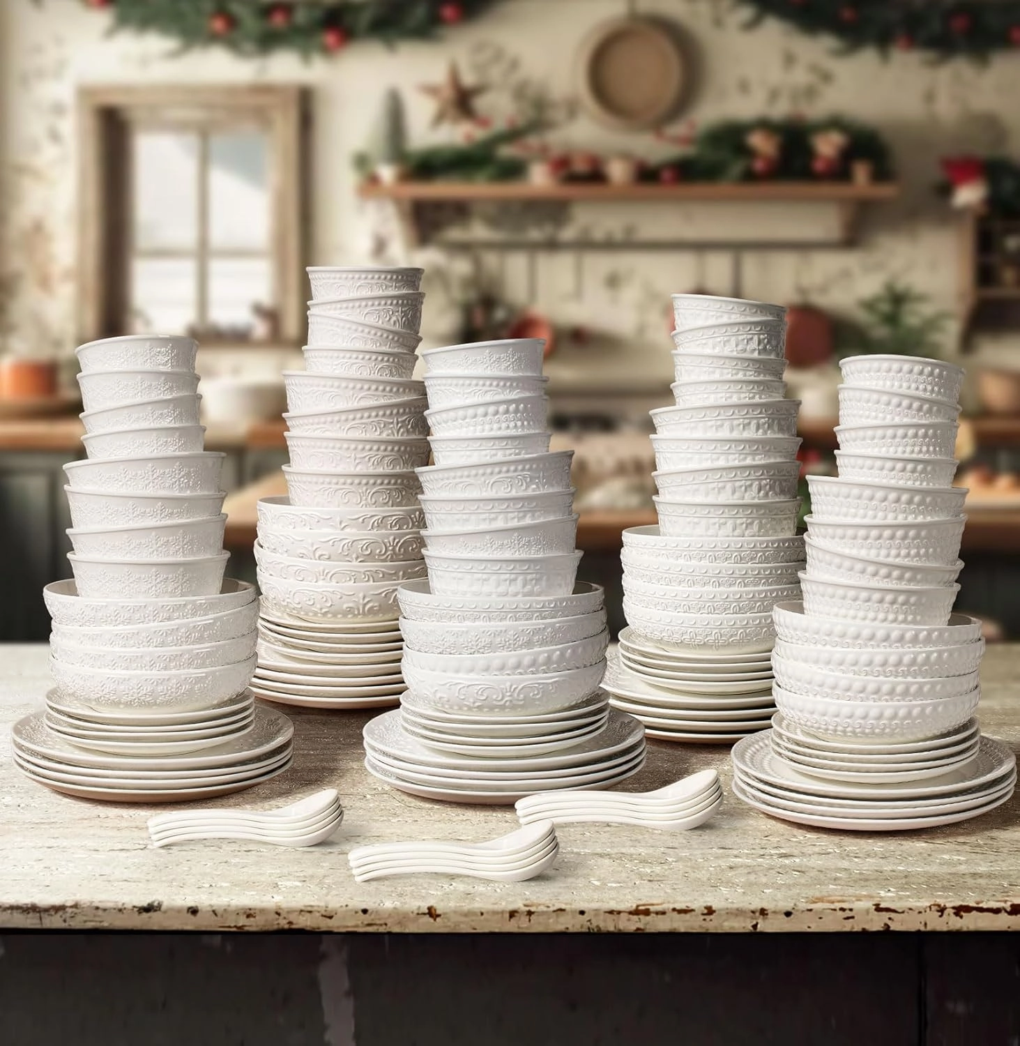 Plates and Bowls Sets - 16 Pieces Ceramic Dinnerware Sets for 4, Embossed White Dish Set Porcelain Kitchen Dishware Sets Dishwasher & Microwave Safe (Brocade Flower)