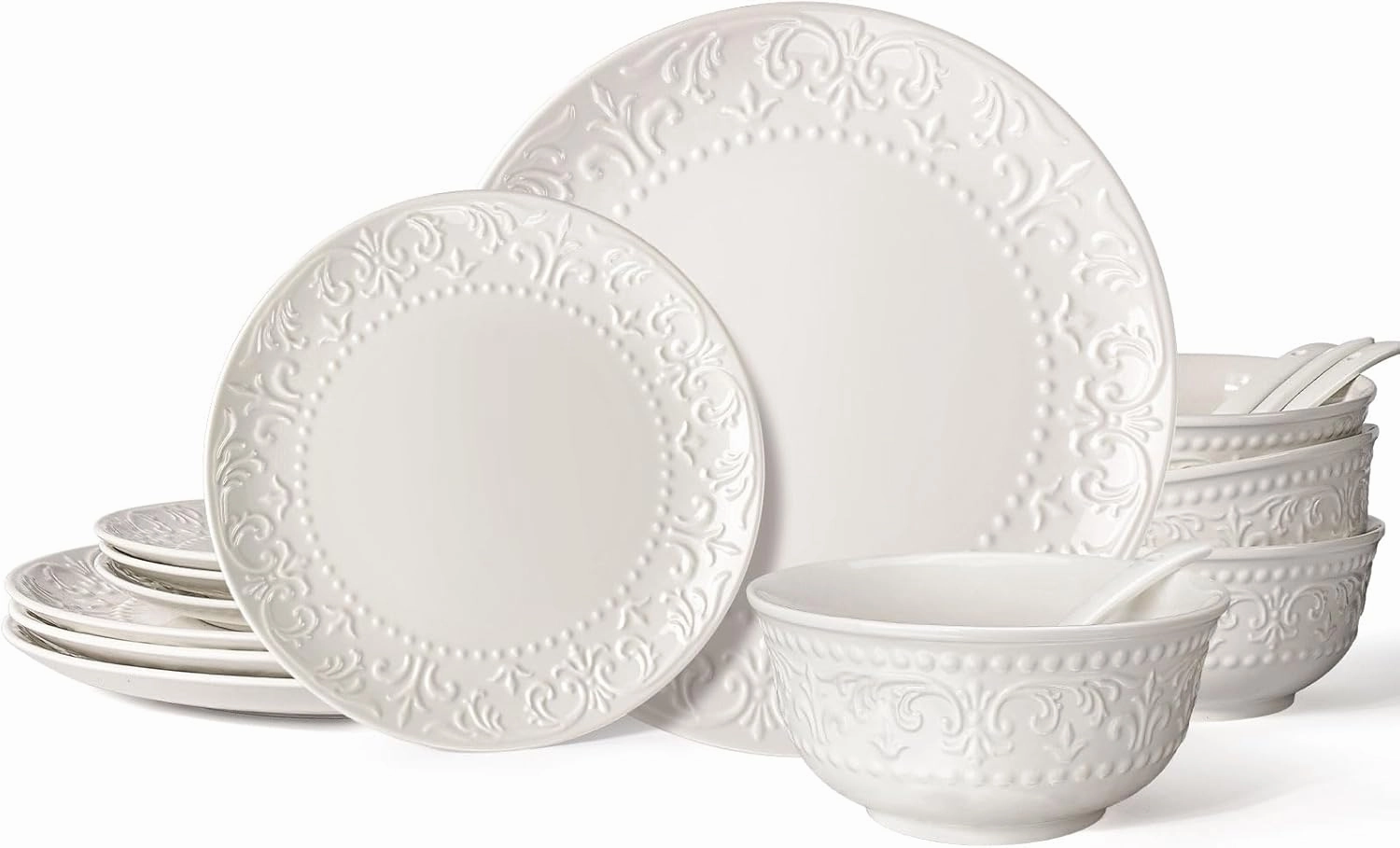 Plates and Bowls Sets - 16 Pieces Ceramic Dinnerware Sets for 4, Embossed White Dish Set Porcelain Kitchen Dishware Sets Dishwasher & Microwave Safe (Brocade Flower)