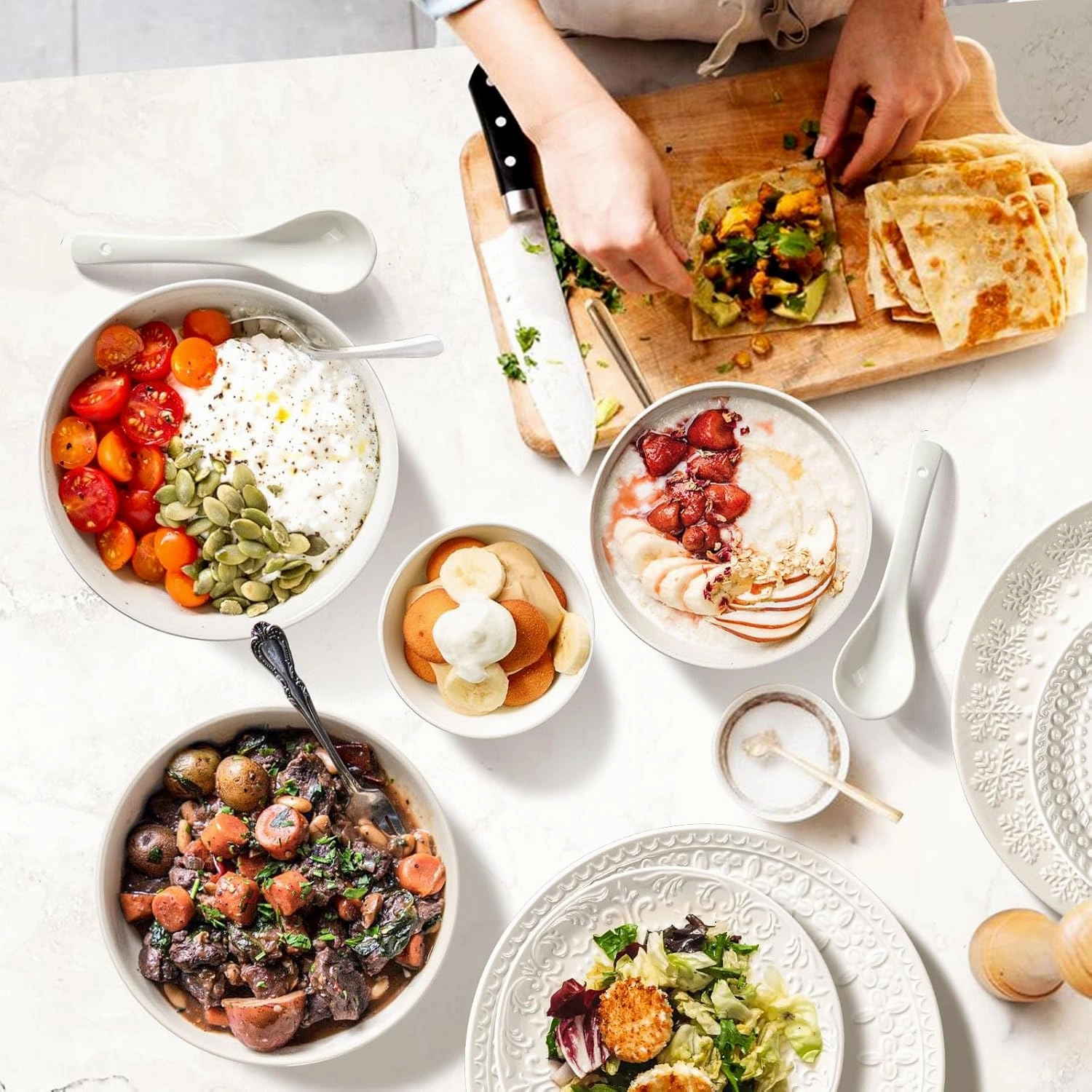 Plates and Bowls Sets - 16 Pieces Ceramic Dinnerware Sets for 4, Embossed White Dish Set Porcelain Kitchen Dishware Sets Dishwasher & Microwave Safe (Brocade Flower)