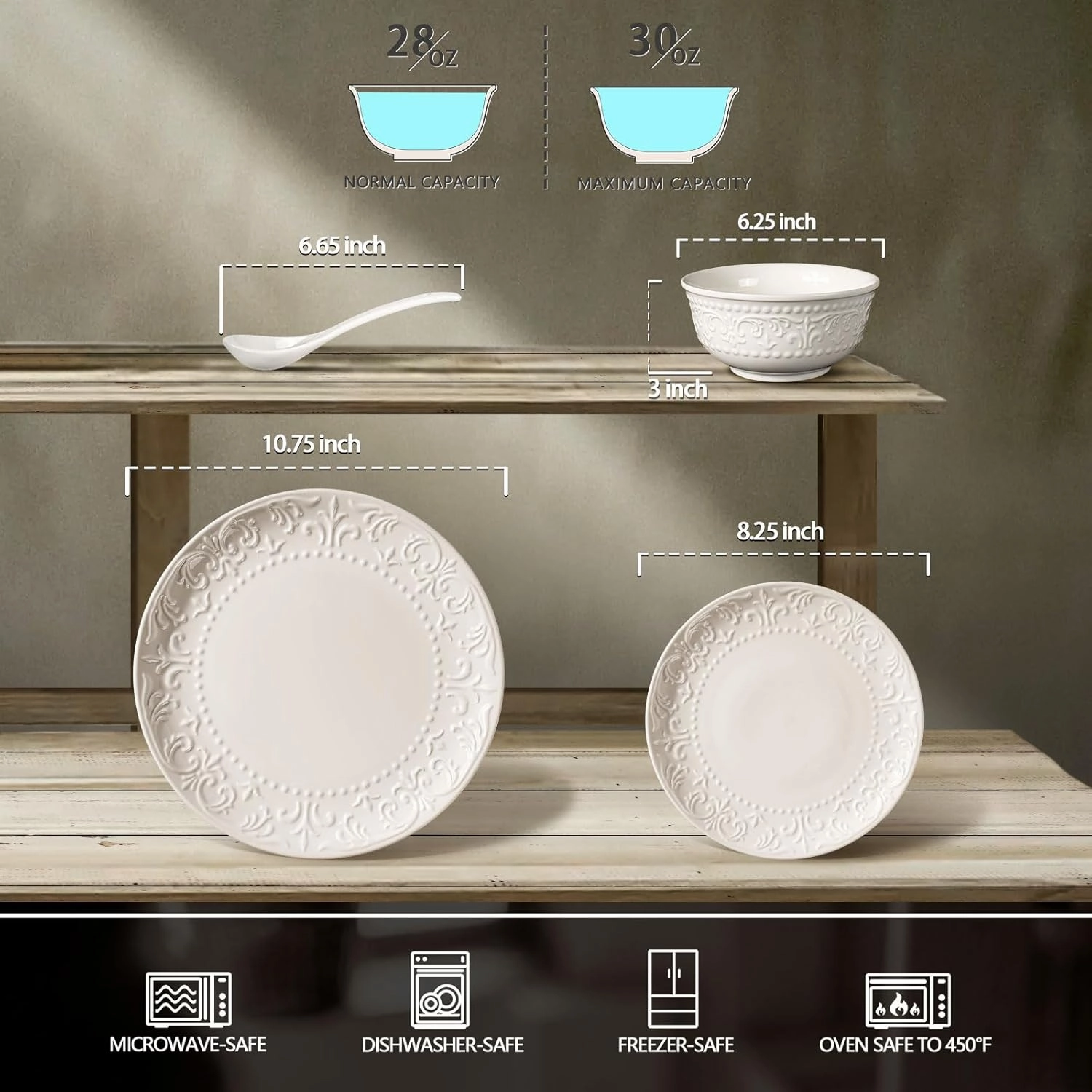 Plates and Bowls Sets - 16 Pieces Ceramic Dinnerware Sets for 4, Embossed White Dish Set Porcelain Kitchen Dishware Sets Dishwasher & Microwave Safe (Brocade Flower)