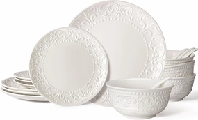 Plates and Bowls Sets - 16 Pieces Ceramic Dinnerware Sets for 4, Embossed White Dish Set Porcelain Kitchen Dishware Sets Dishwasher & Microwave Safe (Brocade Flower)