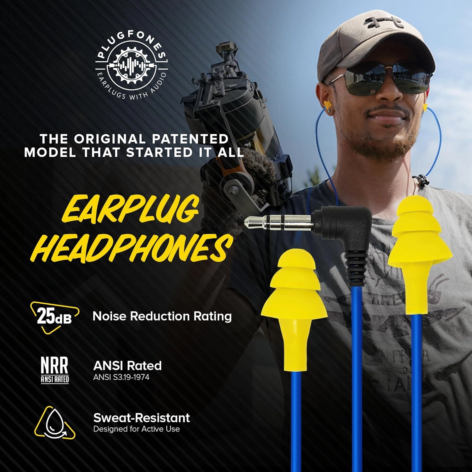 Plugfones Basic Earplug Headphones Earplug-Earbud Hybrid 25 dB Noise Reduction Rating Wired Work Headphones Noise Reducing Earphones OSHA Compliant Safety Earplugs for Work Hearing Protection Yellow