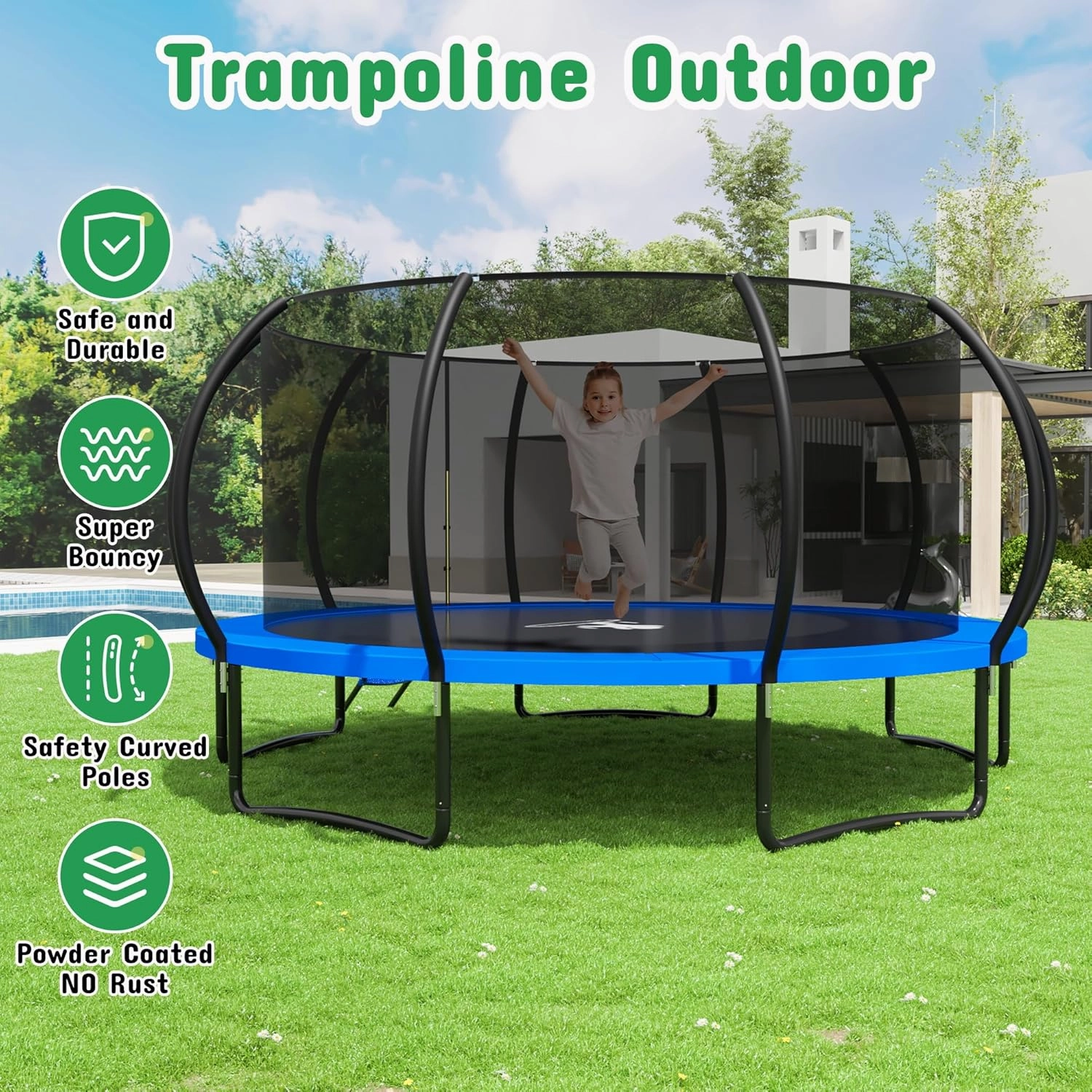 Polar Aurora Outdoor Trampoline with Safety Enclosure Net, Thickened Spring Pad，ASTM Approved Recreational Trampoline for Kids and Adults,Anti-Rust Coated Frame and Thickened Mat
