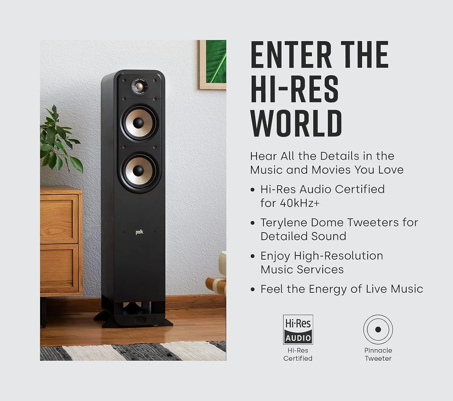 Polk Signature Elite ES50 Tower Speaker - Hi-Res Audio Certified, Dolby Atmos & DTS:X Compatible, 1" Tweeter & (2) 5.25" Woofers, Power Port Technology for Effortless Bass, Stunning Black