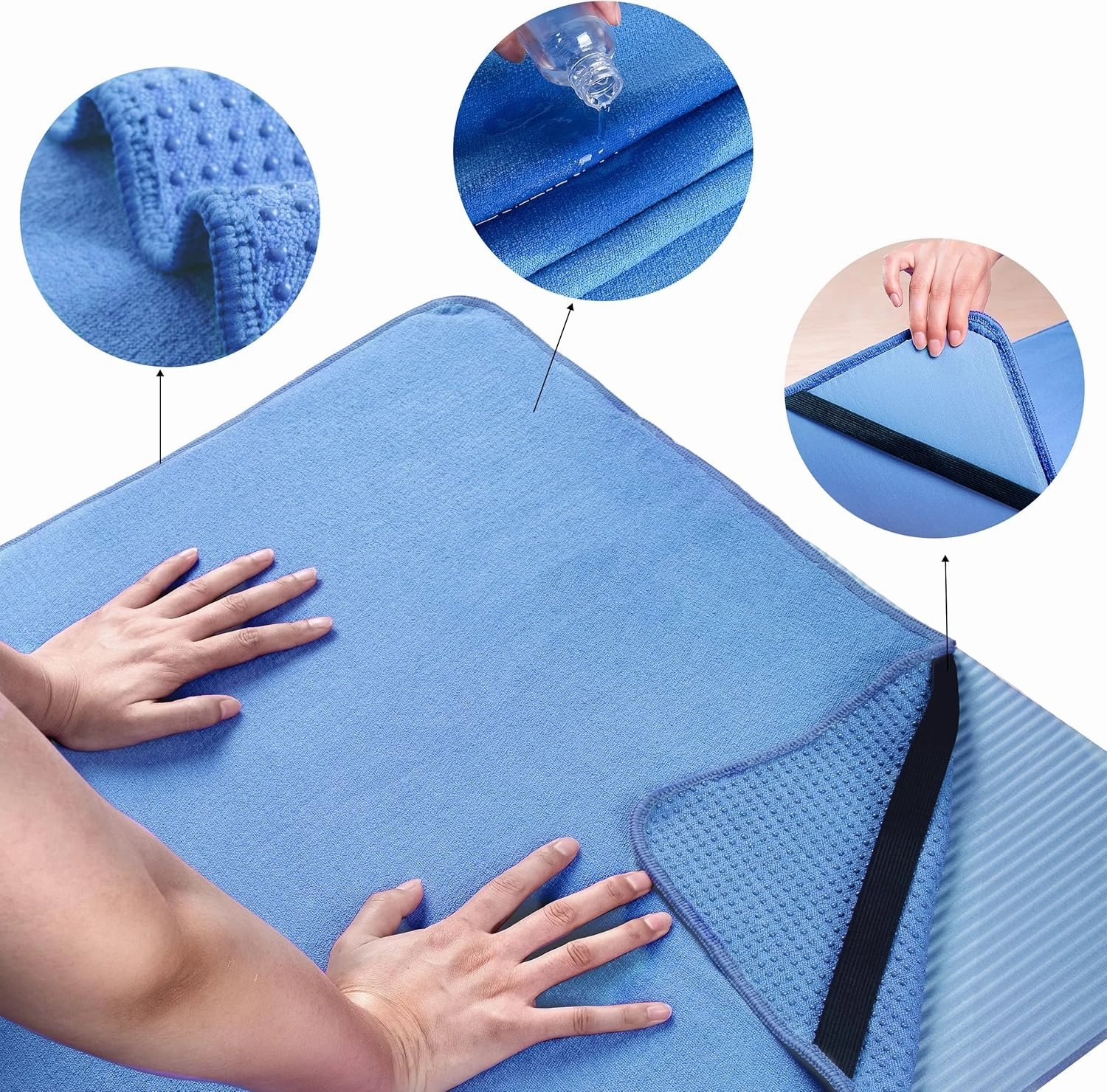 POLYTE Microfiber Hot Yoga Towel Mat with Non-Slip Silicone Grip and Secure Fit Elastic Straps, 24 x 72 in (Blue)