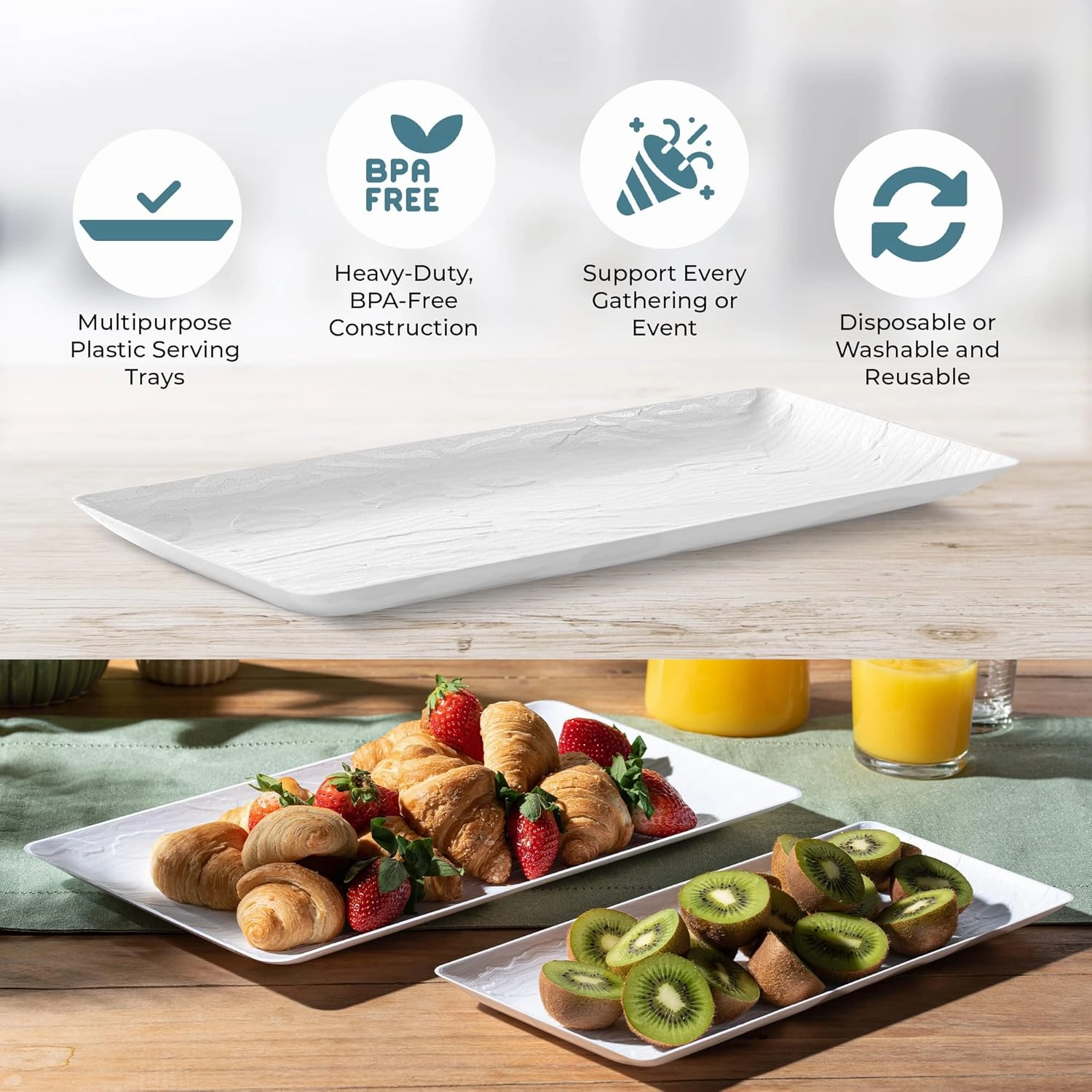 Posh Setting - Serving Platters and Trays, Plastic Platter Tray, Wood Pattern White Long Serving Tray, White Plastic Platter, Stackable & Disposable Party Platters, 5 Pack - 14x6.25