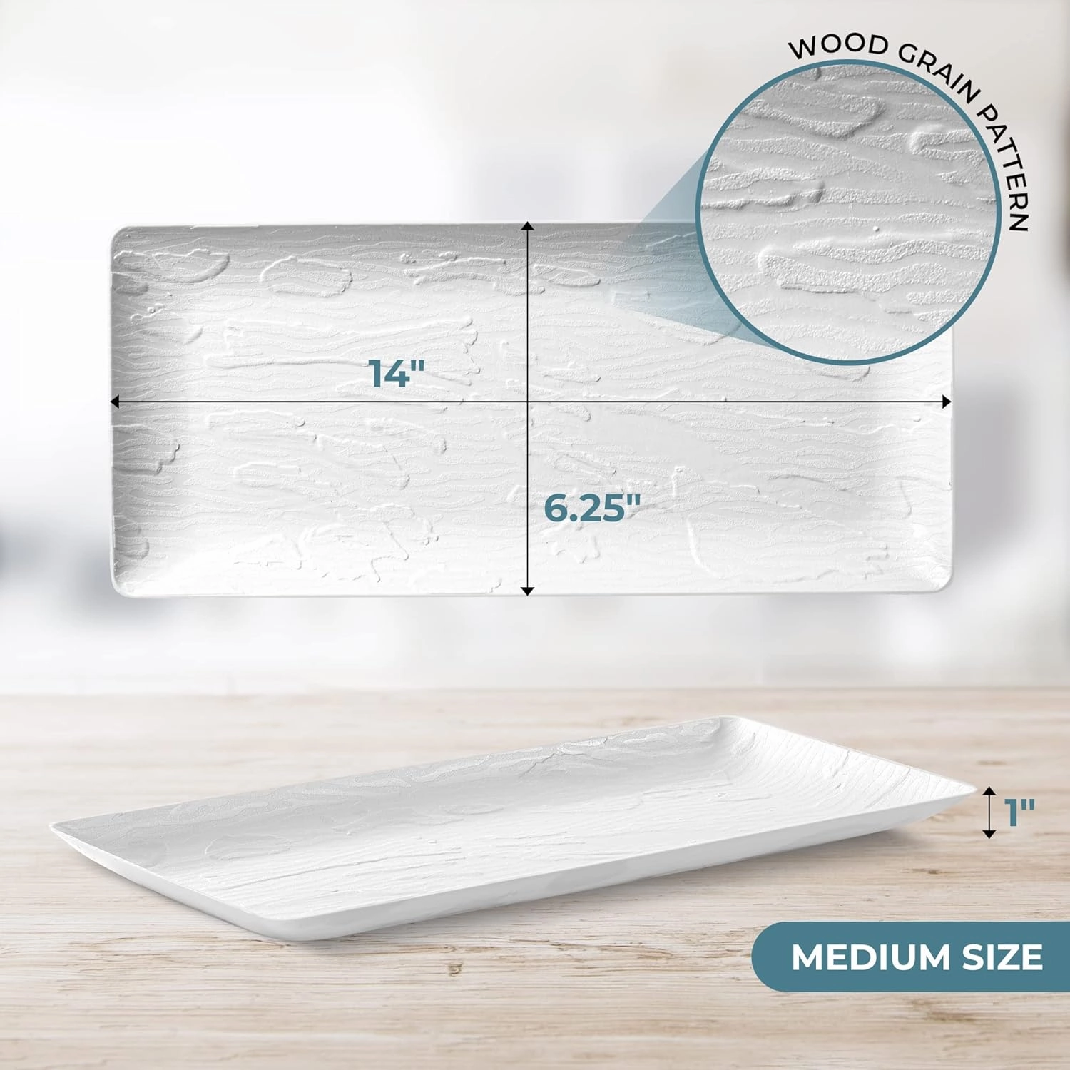 Posh Setting - Serving Platters and Trays, Plastic Platter Tray, Wood Pattern White Long Serving Tray, White Plastic Platter, Stackable & Disposable Party Platters, 5 Pack - 14x6.25