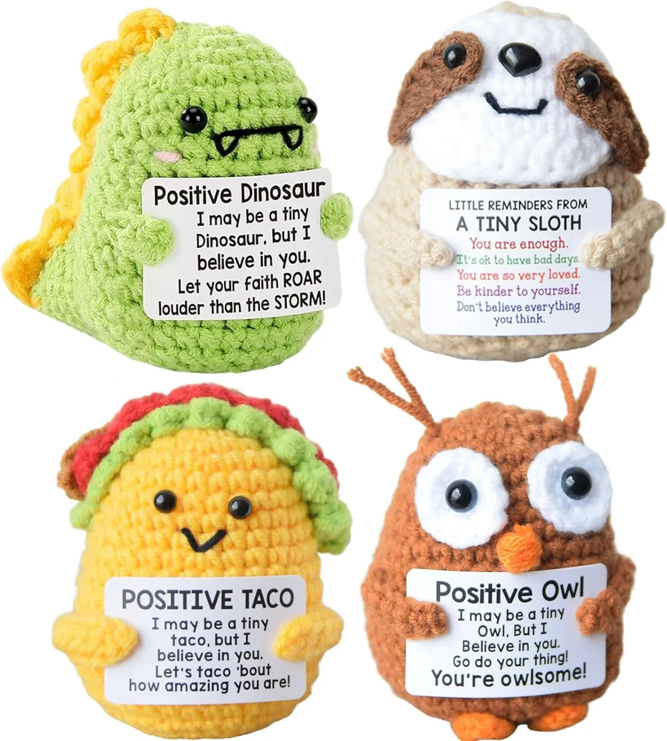 Positive Crochet Animals – 4-Pack Handmade Mini Plush Sloth, Dinosaur, Taco & Owl – Emotional Support Nuggets Gifts & Funny Desk Decor for Women, Men – Birthday, Christmas & White Elephant