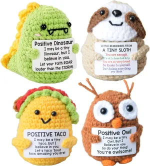 Positive Crochet Animals – 4-Pack Handmade Mini Plush Sloth, Dinosaur, Taco & Owl – Emotional Support Nuggets Gifts & Funny Desk Decor for Women, Men – Birthday, Christmas & White Elephant