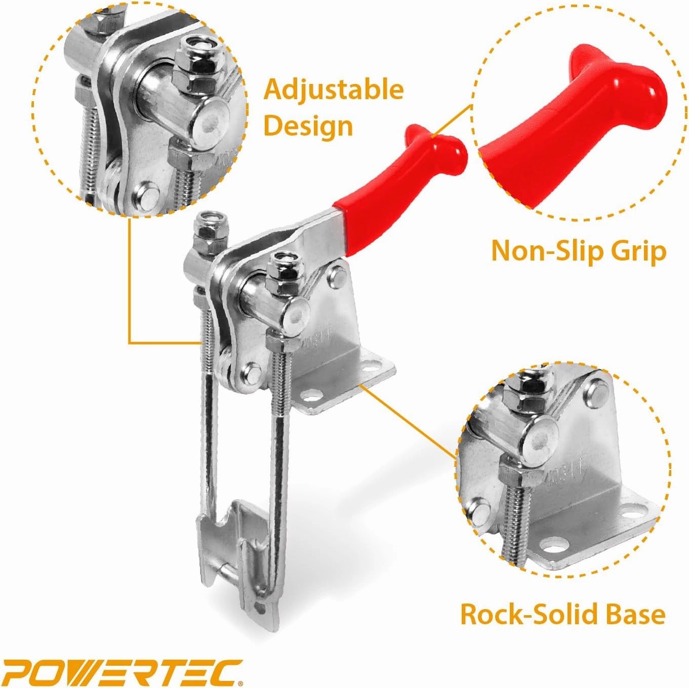 POWERTEC 1PK Toggle Clamp, 1980 lbs Holding Capacity, 40344 Adjustable 90 Degree Vertical U Bolt Latch w/Antislip Hand Grip for Woodworking Jigs & Fixtures, Smoker, Tire Carrier, Tool Box (20324)