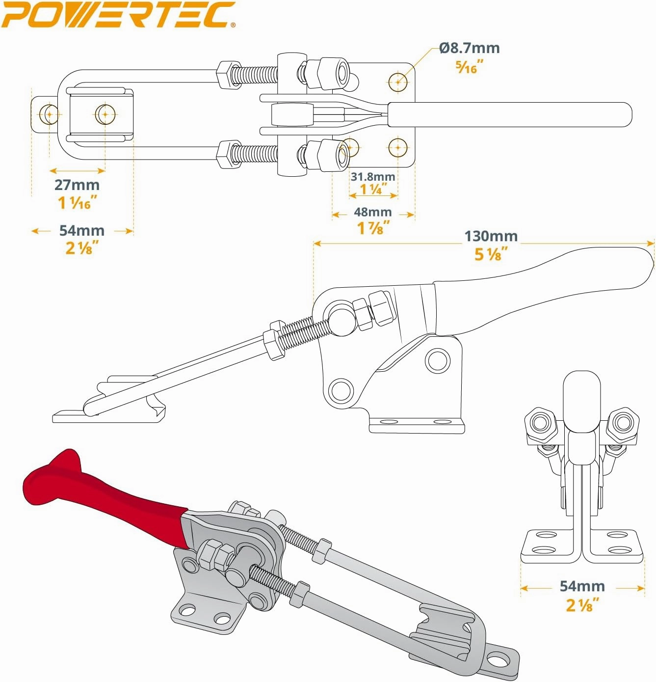 POWERTEC 1PK Toggle Clamp, 1980 lbs Holding Capacity, 40344 Adjustable 90 Degree Vertical U Bolt Latch w/Antislip Hand Grip for Woodworking Jigs & Fixtures, Smoker, Tire Carrier, Tool Box (20324)