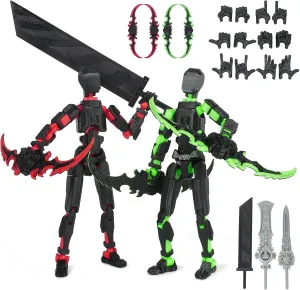 Pre-Assembly 3D Printed 5.54'' Dummy13 Action Figure, Multi-Jointed Tian13, Articulated T13 Desktop Decoration,12 in 1 Accessories, Best Birthday Festival Gift (Black red Black Green)