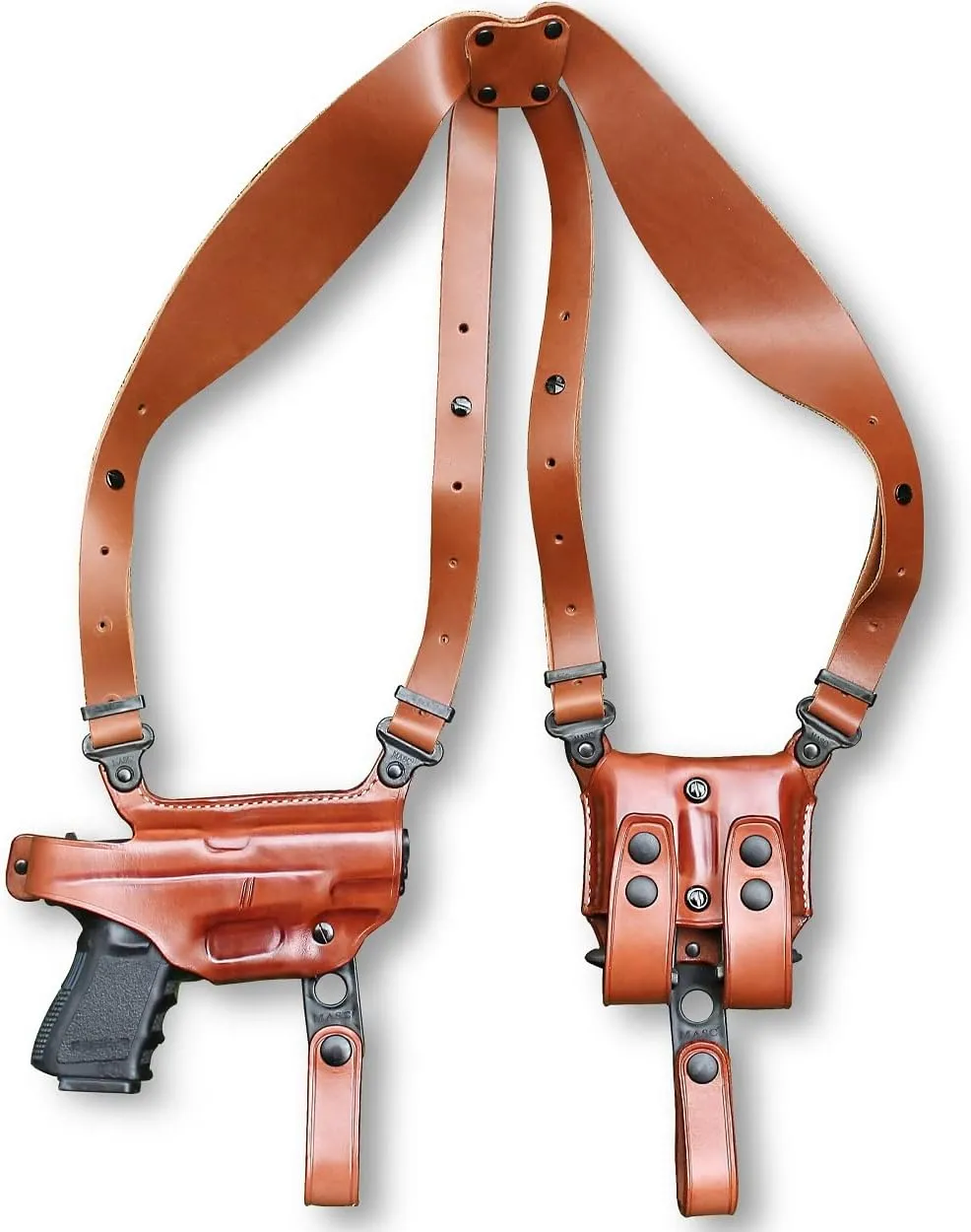 Premium Leather Horizontal Shoulder Holster System with Double Magazine Carrier for Mossberg MC2C 9mm Compact 3.9'' Barrel, Right Hand Draw, Brown Color #1627#