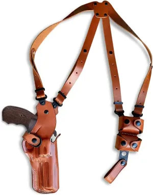 Premium Leather Vertical Shoulder Holster System with Double Speed Loader, for EAA Windicator 38 Spl/357 Mag 6-Shot 4'', Right Hand Draw, Brown Color #1521#