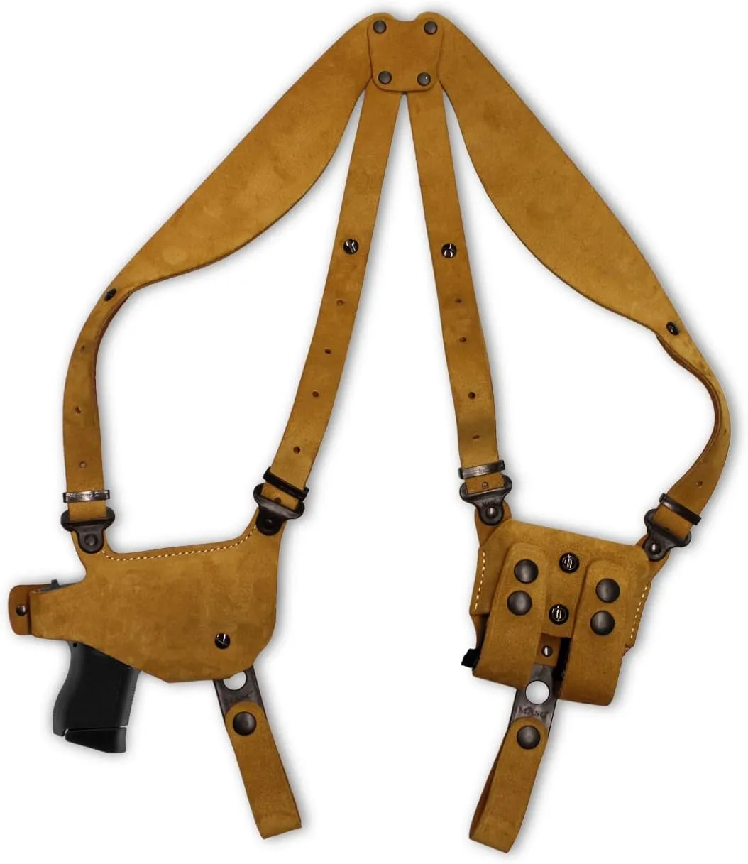 Premium Suede Leather Shoulder Holster System with Double Magazine Carrier Fits Standard Without Rail Glockk 43X Subcompact 9mm 3.41" BBL, Right-Hand Draw, Brown Color #1491#