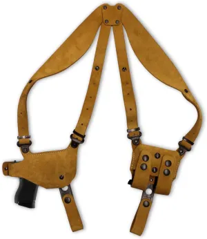 Premium Suede Leather Shoulder Holster System with Double Magazine Carrier Fits Standard Without Rail Glockk 43X Subcompact 9mm 3.41" BBL, Right-Hand Draw, Brown Color #1491#