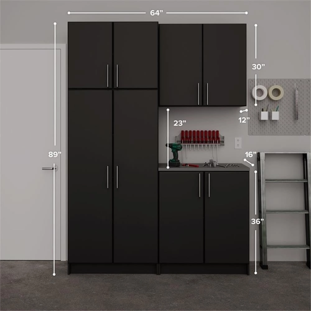 Prepac Elite Functional 4-Piece Garage Cabinets and Storage System Set F, Simplistic Garage Closet Shop Cabinets 16" D x 64" W x 89" H, Black, BRSX-1015-4M
