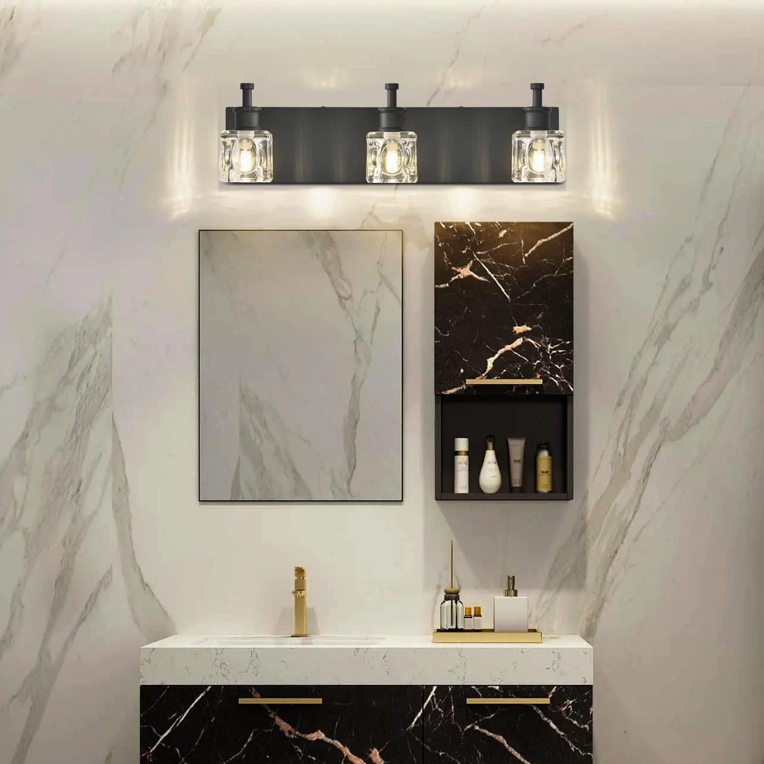 PRESDE Black Crystal Bathroom Lights Fixtures Over Mirror Modern 3 Light Vanity Lighting Bathroom Wall Light Fixtures(Exclude Bulb)